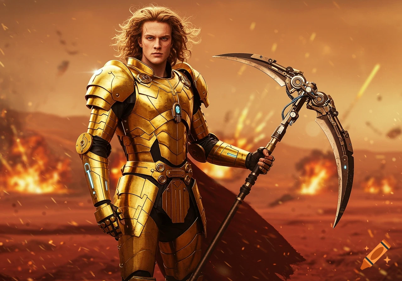 A hyperrealistic image of a muscular man in gleaming golden sci-fi armor holding a robotic scythe. He has wavy blond hair and a scar on his cheek. The background is a blurred, fiery red Martian landscape with explosions.