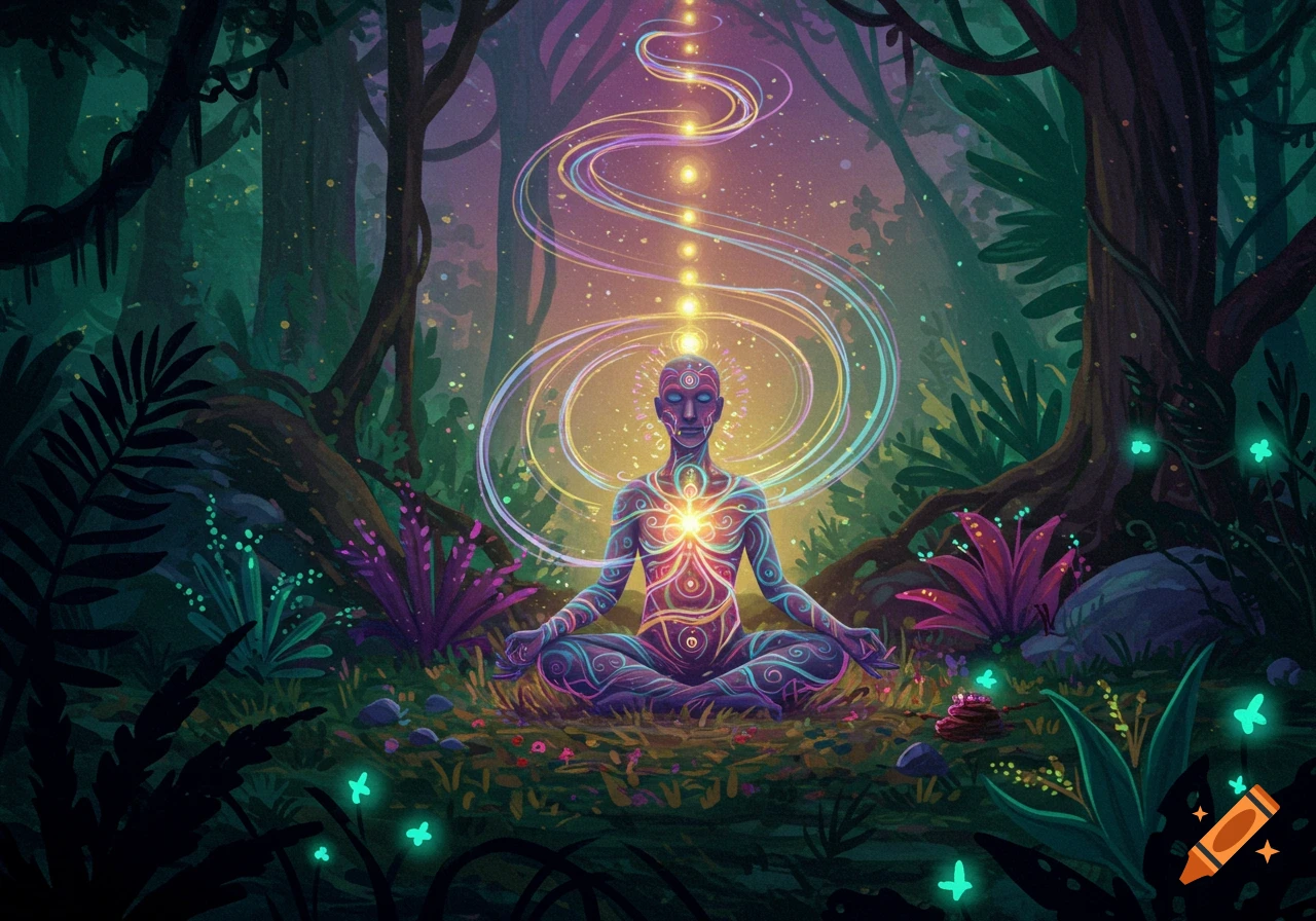 A glowing figure meditating in a vibrant, mystical forest with colorful energy lines emanating from its body.