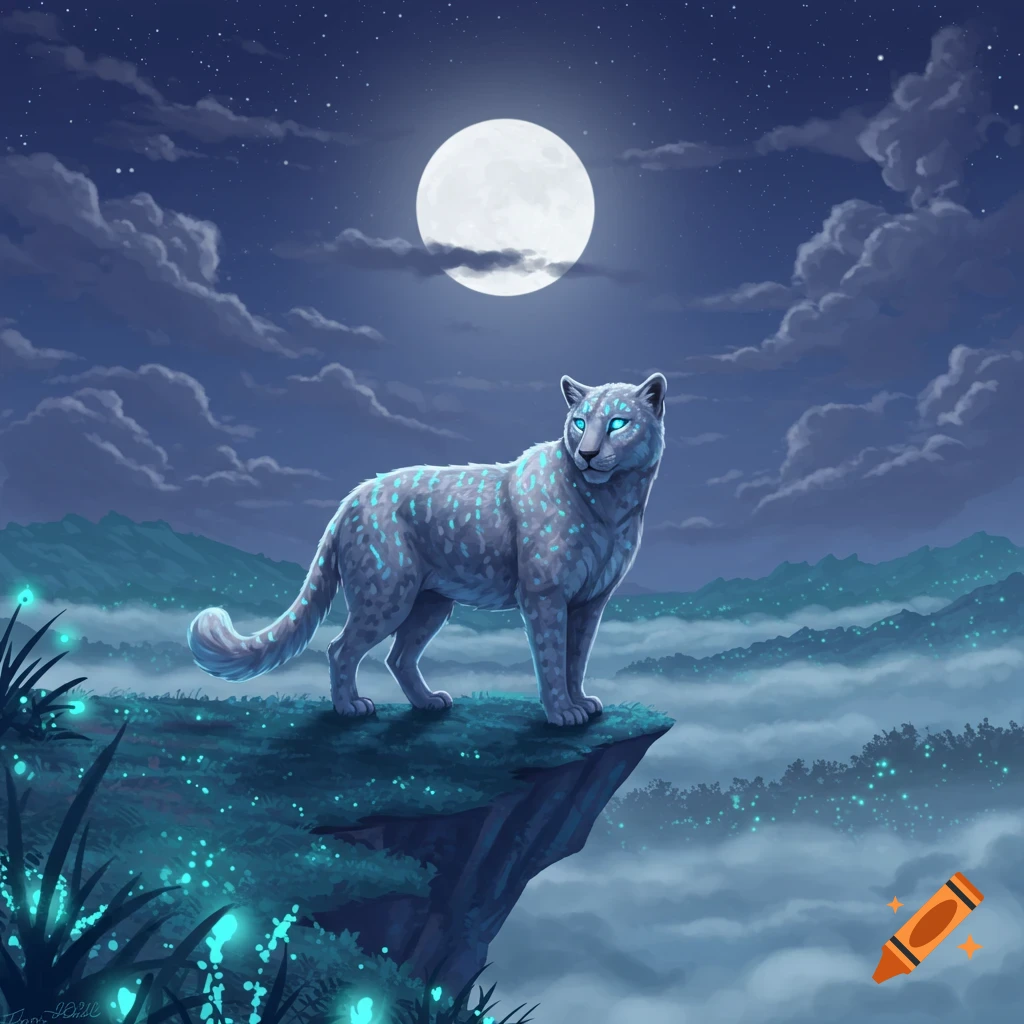 A glowing snow leopard stands on a cliff overlooking misty mountains under a full moon in a night fantasy scene.