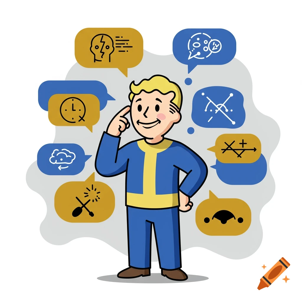 Cartoon illustration of the Vault Boy character with thought bubbles containing various abstract symbols.