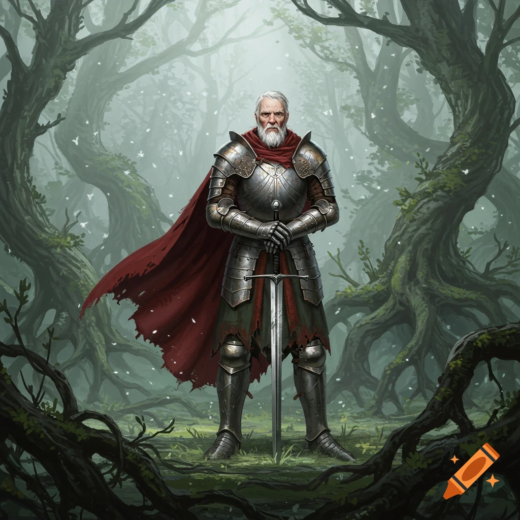 A grizzled old knight in full armor and a tattered red cape stands holding a sword in a mystical, gnarled forest, digital art.