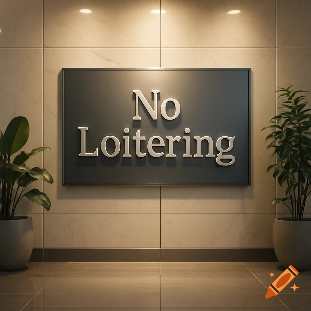 A photorealistic image of a 'No Loitering' sign on a marble wall in a modern lobby, flanked by potted plants.