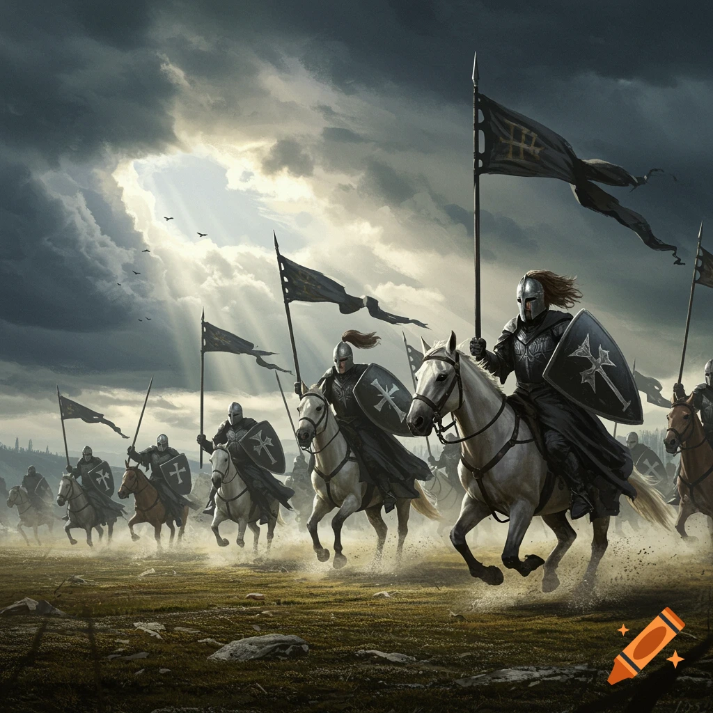 Knights in black armor and helmets on white horses charge across a grassy plain under a dramatic, cloudy sky with sun rays breaking through.