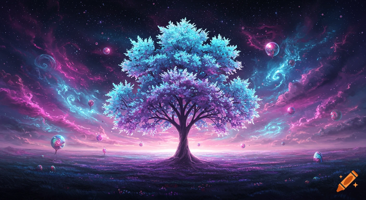 A vibrant, fantastical landscape with a glowing tree, cosmic nebulae, and floating orbs under a starry sky.