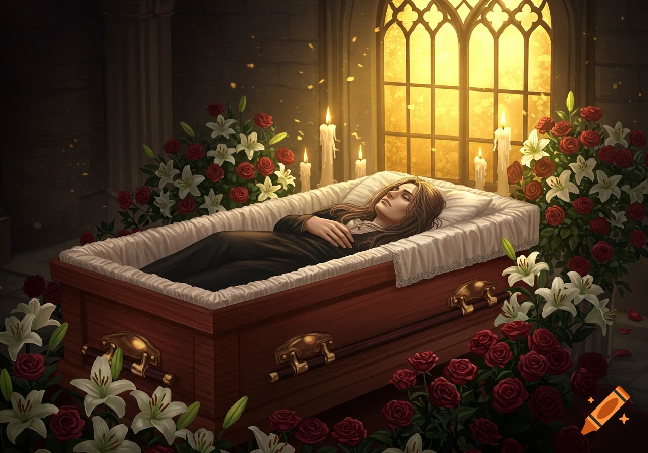 A person with long hair lies in a coffin surrounded by red roses and white lilies, lit by candles and a large church window.