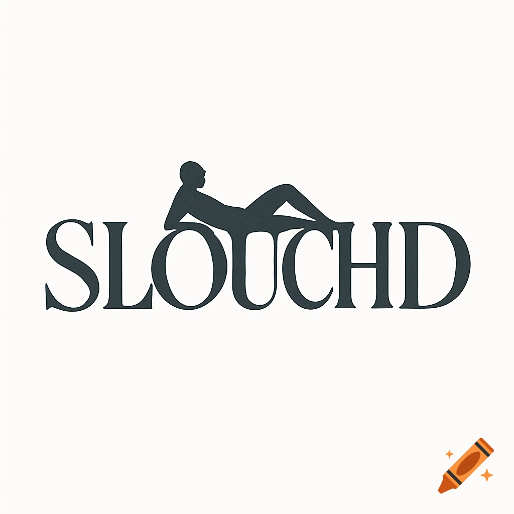 A dark silhouette of a reclining person on the word "SLOUCHD" on a white background, forming a clothing brand logo.