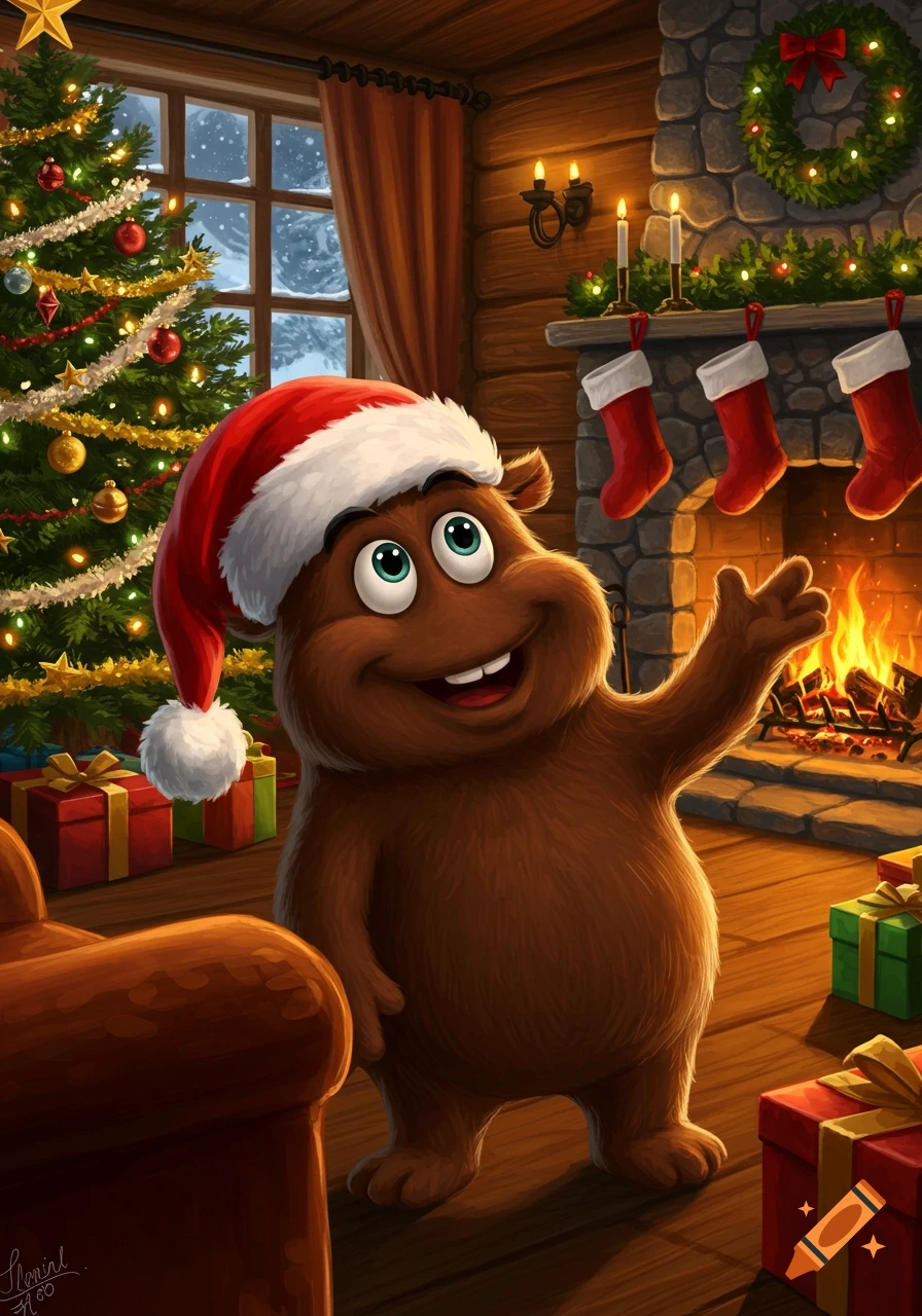 A cute, fuzzy brown cartoon creature wearing a Santa hat stands in a cozy Christmas living room with a decorated tree and fireplace.