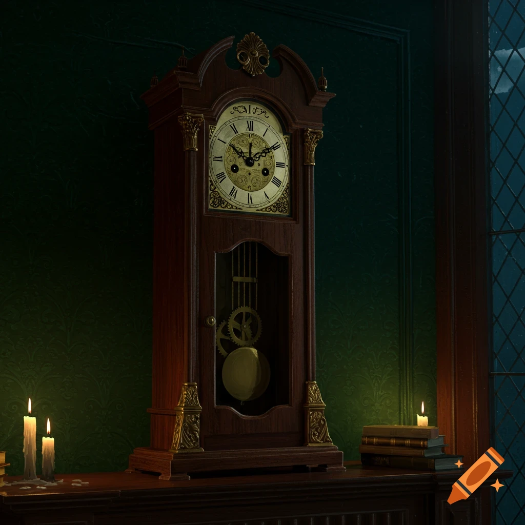 A vintage wooden grandfather clock with Roman numerals on its face, illuminated by candlelight, sits on a dark wooden surface.