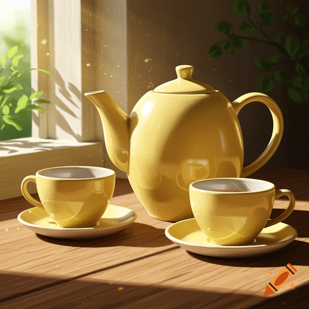 A yellow teapot and two yellow teacups with saucers sit on a sunlit wooden table near a window, with foliage outside.