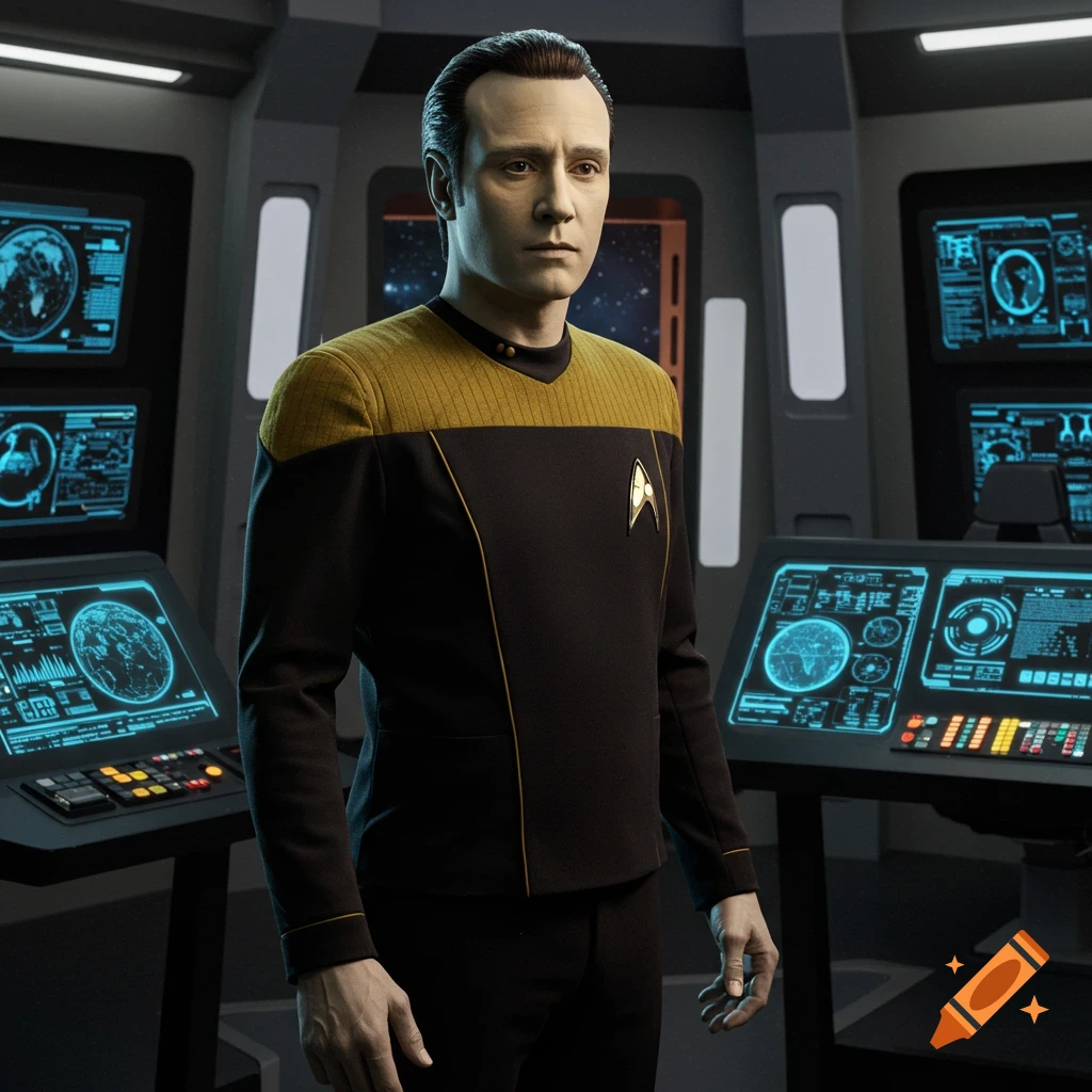 Photorealistic portrait of Data from Star Trek standing on a starship bridge with glowing console screens.