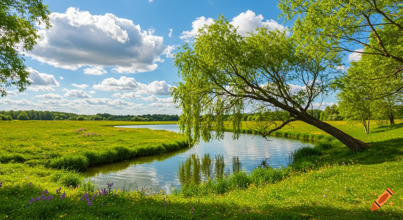 A vibrant green meadow with a winding river, a weeping willow tree, and fluffy white clouds in a bright blue sky.