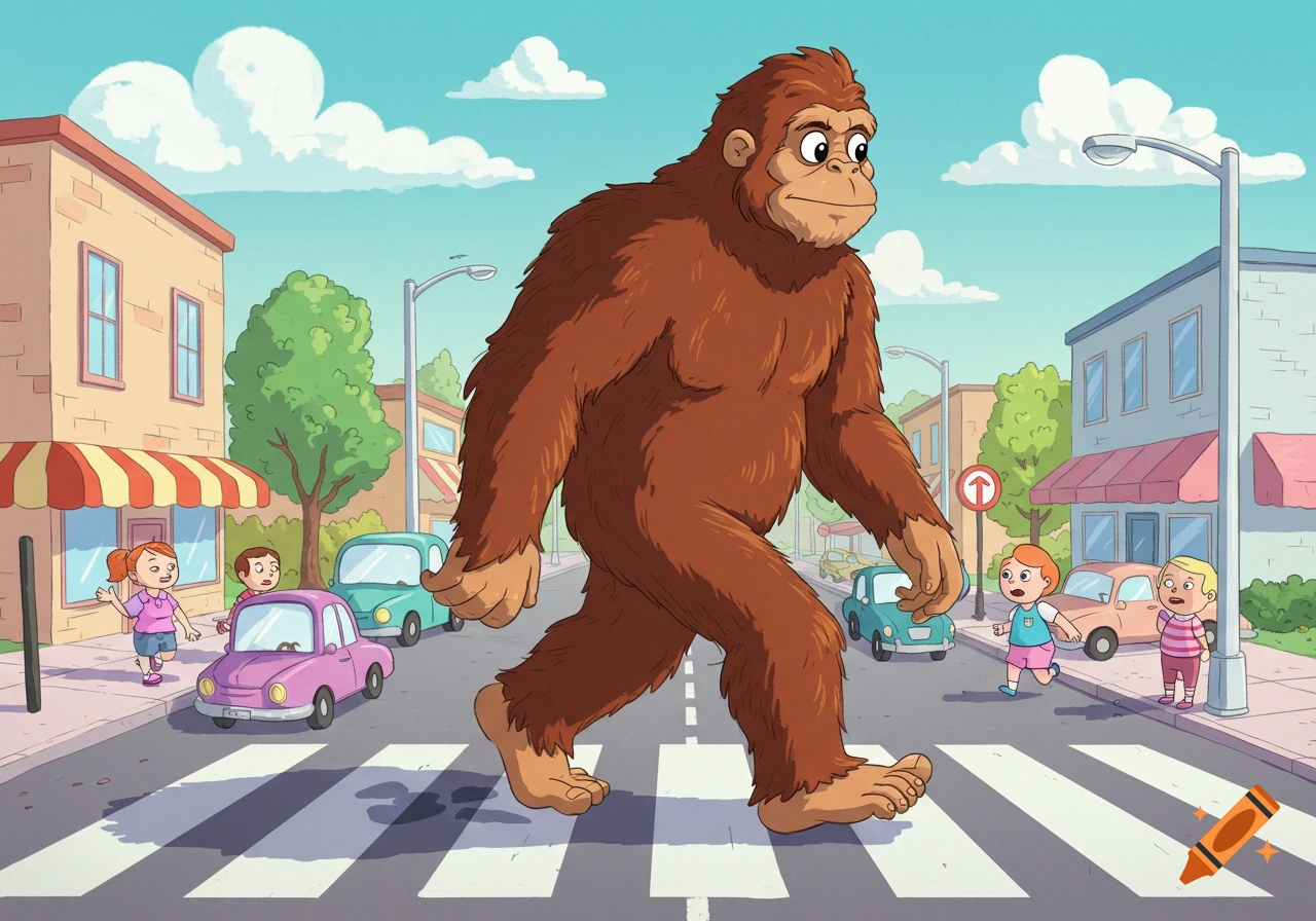 A large brown cartoon Bigfoot walks across a zebra crosswalk in an urban street, with cartoon cars and children nearby.