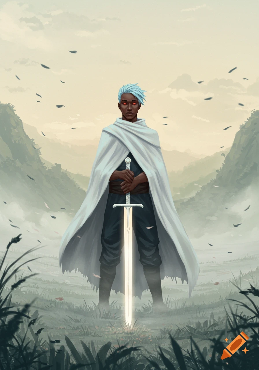 A warrior with a white cloak, red eyes, and light blue hair holds a glowing sword in a misty, mountainous landscape.