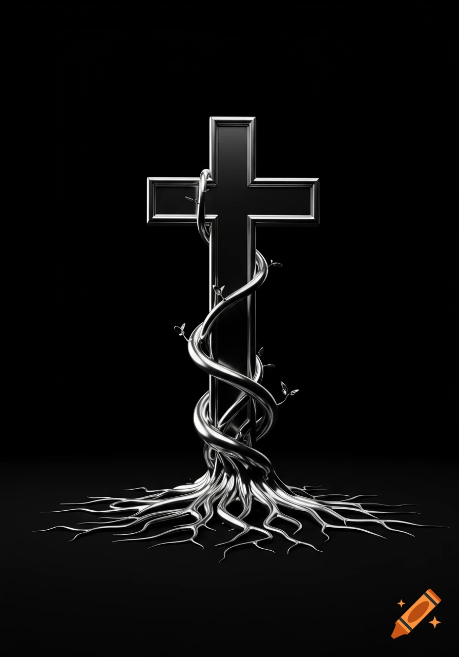 A silver chrome cross with entangled roots and vines stands against a stark black background.