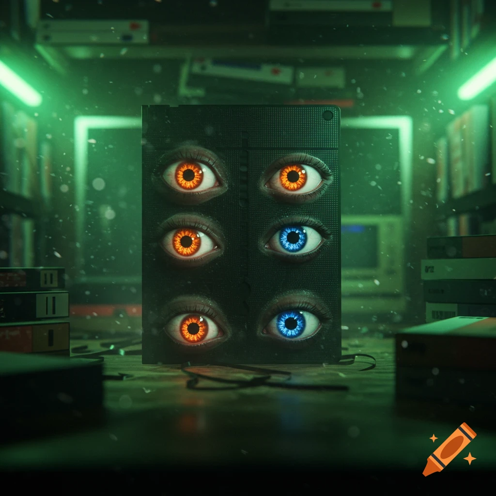 A surreal VHS tape with multiple glowing orange and blue eyes sits in a dusty, green-lit room filled with old video tapes.