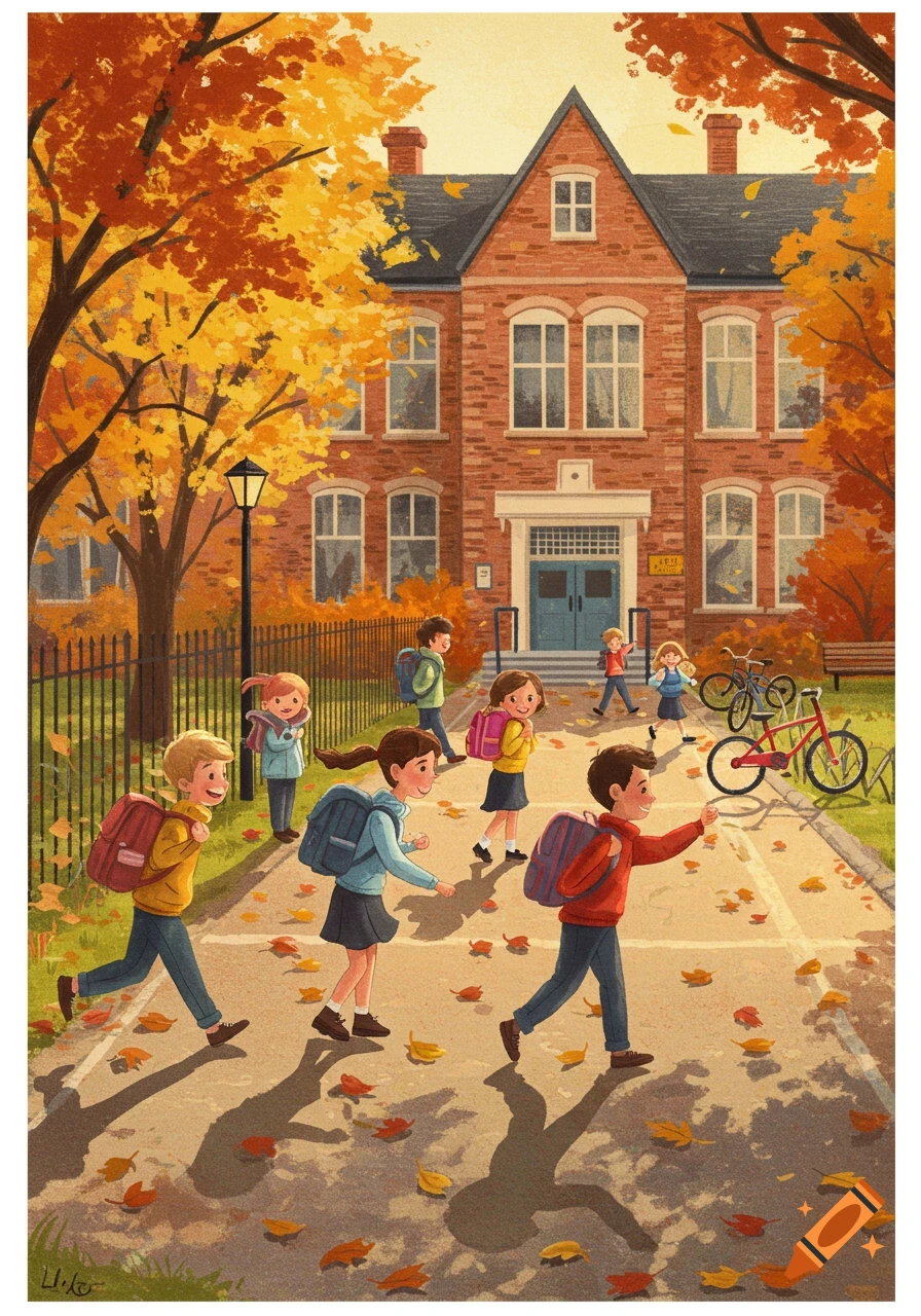 Colorful illustration of children walking with backpacks to a brick school building on a sunny autumn day with fallen leaves.