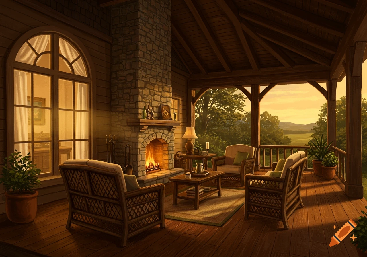 A cozy rustic porch with a lit stone fireplace and wicker furniture, overlooking a verdant landscape at sunset.