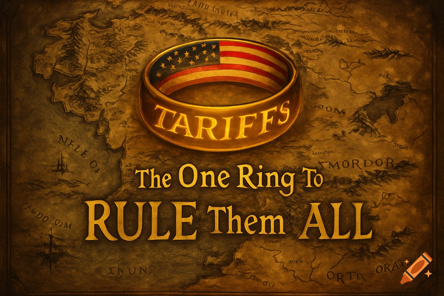 A golden ring with the US flag inside, inscribed with 'TARIFFS', floating over a Lord of the Rings style map. Text below reads 'The One Ring To RULE Them ALL'.