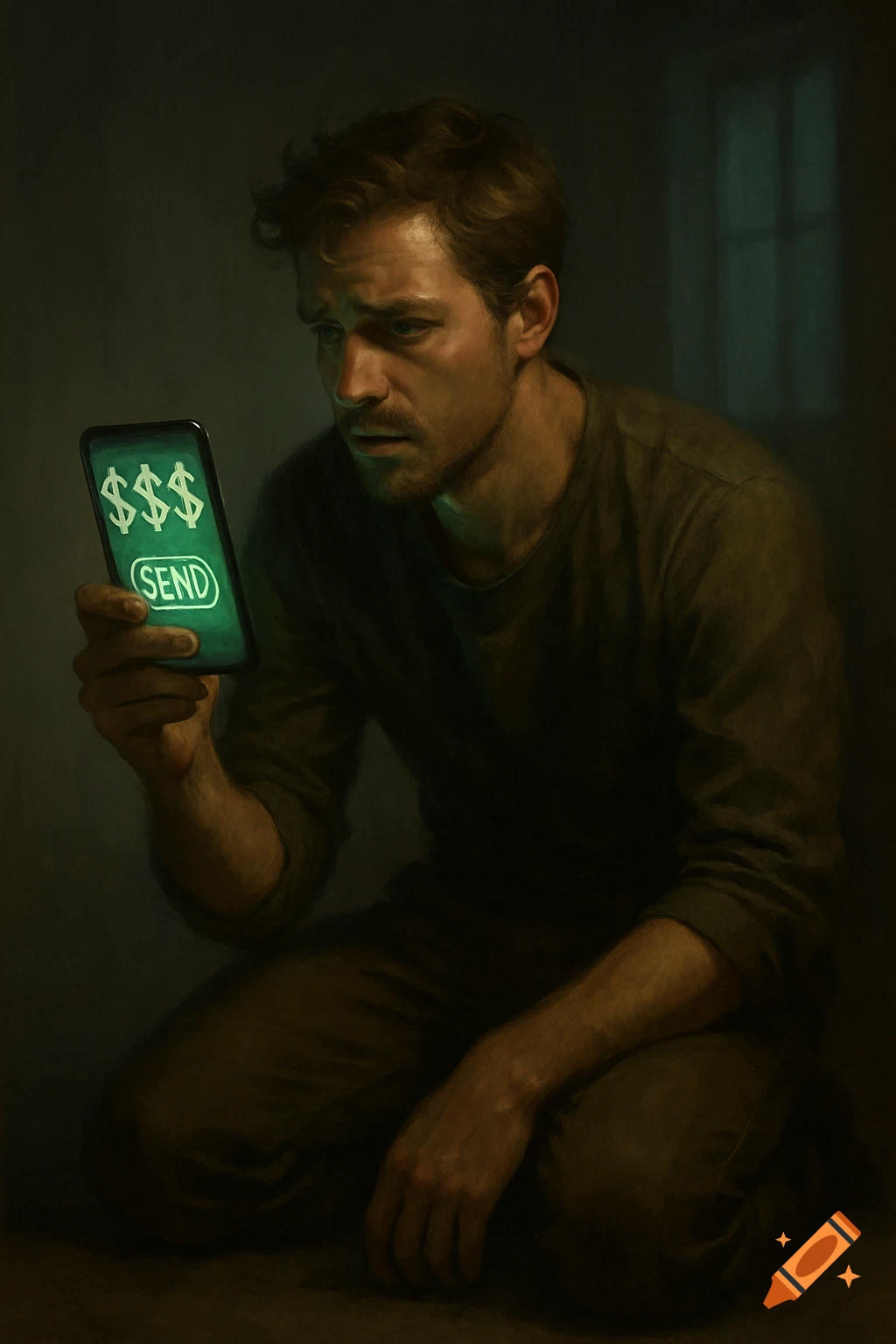 A distressed man kneels in a dark room, looking at a phone screen displaying dollar signs and the word 'SEND'. Digital painting.