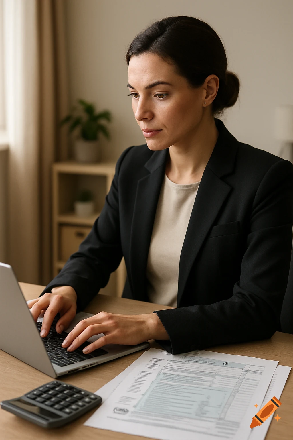 A focused businesswoman in a black blazer works on a laptop at a desk with tax documents and a calculator.