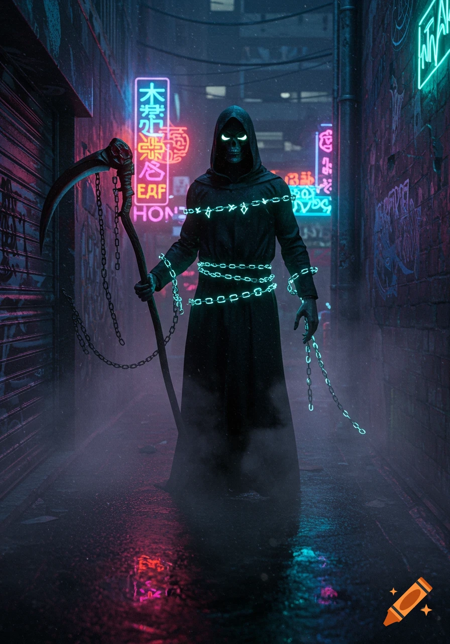 A dark, mysterious grim reaper figure, cloaked and bound in glowing green chains, stands in a neon-lit, rain-slicked urban alley at night, holding a scythe. The scene has a moody, atmospheric style.