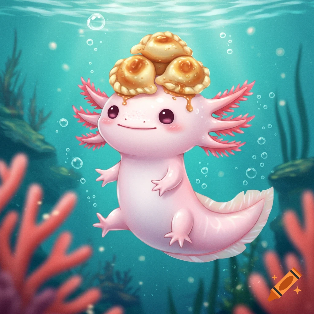 A cute pink axolotl swimming underwater with three golden-brown pierogi stacked on its head, drizzled with sauce.