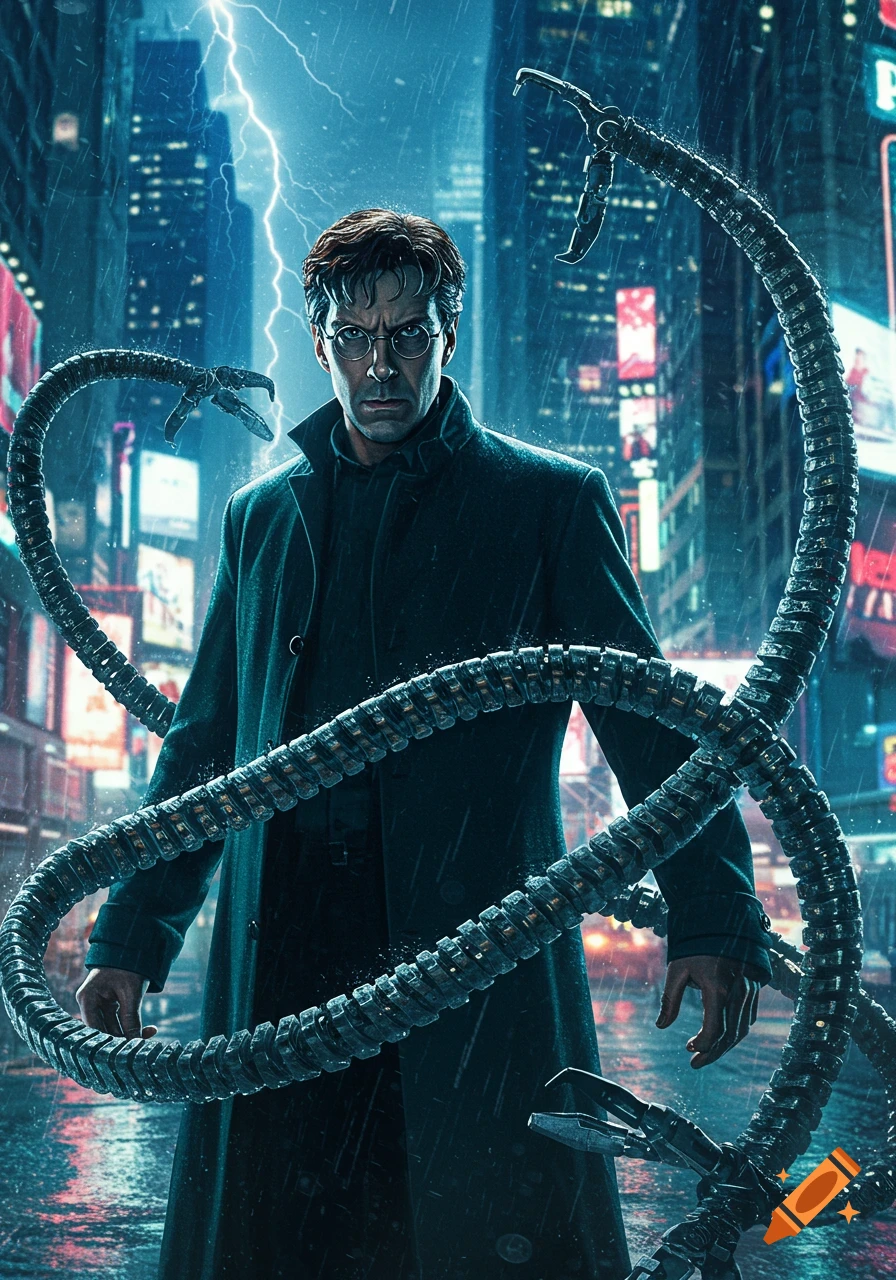 Doctor Octopus in a trench coat with mechanical tentacles stands in a rainy, lightning-struck city at night.