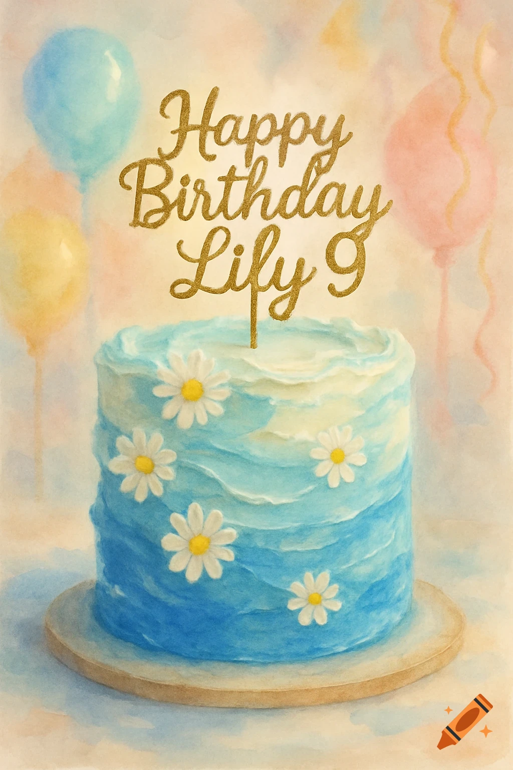 A watercolor painting of a blue and white birthday cake with daisies and a Happy Birthday Lily 9 topper.