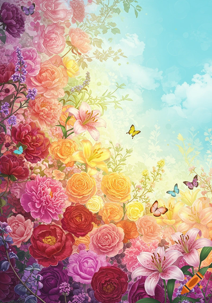 A vibrant and colorful illustration of various flowers in full bloom, including roses, peonies, and lilies, with butterflies flying against a light blue sky.