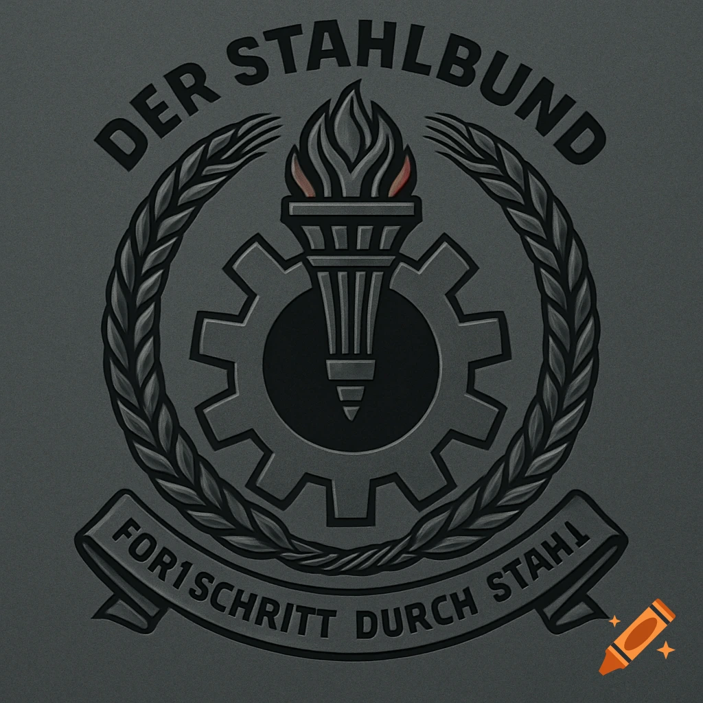 A dark gray and black emblem with a gear, a stylized torch, and a wreath. Text reads "DER STAHLBUND" and "FOR1SCHRITT DURCH STAHL."