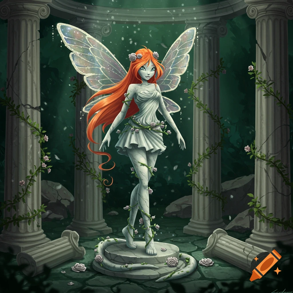 A red-haired fairy, Bloom from Winx Club, as a marble statue in ancient ruins with columns, vines, and roses.