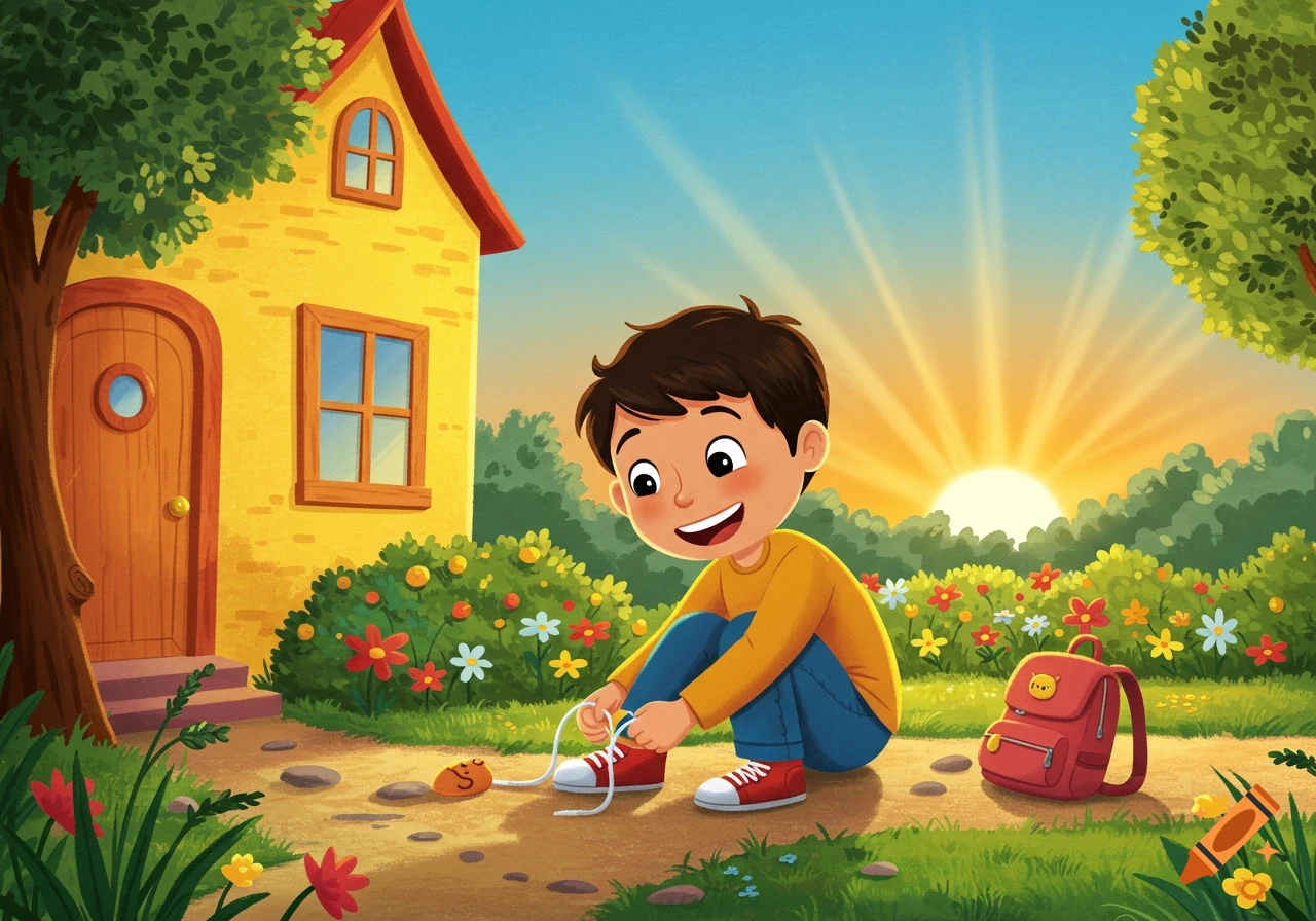 A cheerful boy in cartoon style tying his shoes in front of a colorful house with a garden at sunrise.