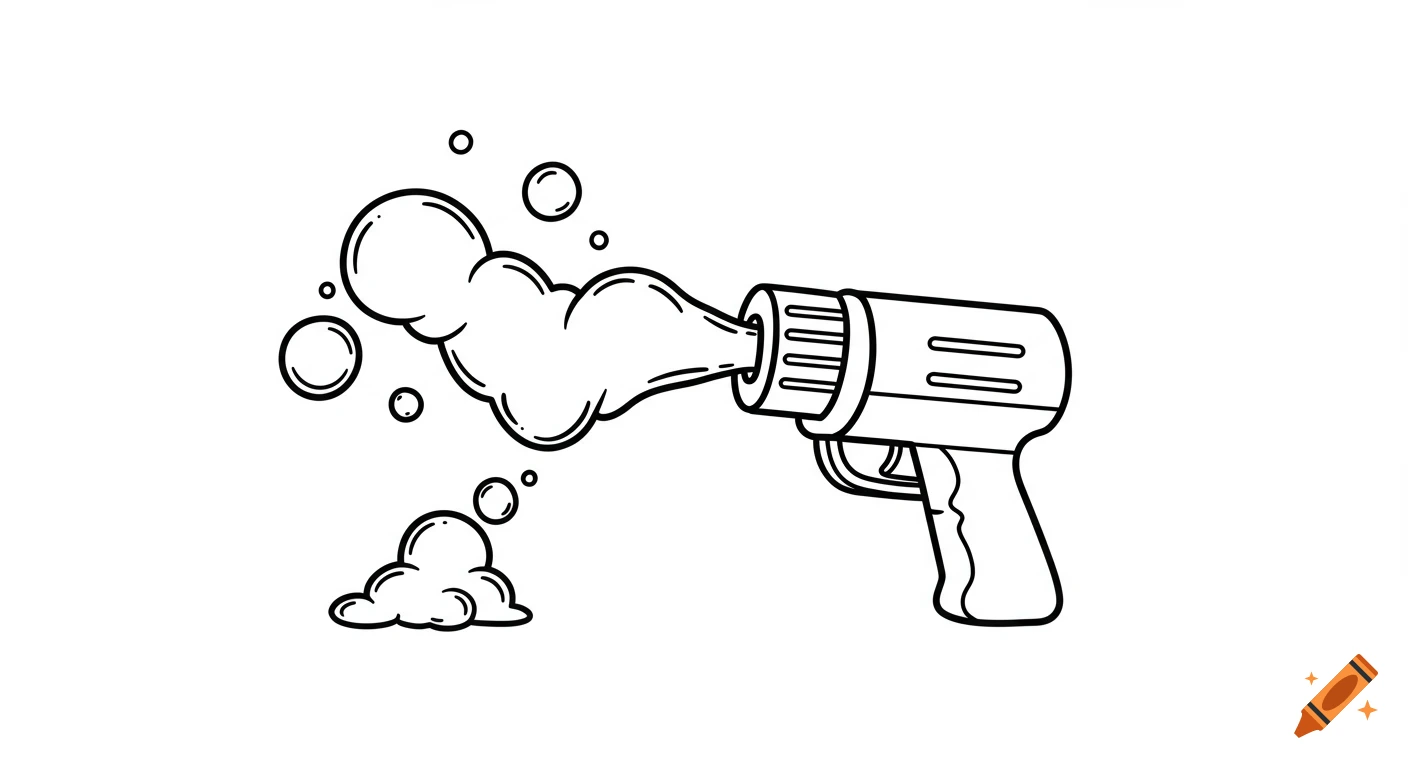 A simple black and white line drawing of a bubble gun blowing bubbles, with some bubbles collecting on the ground.