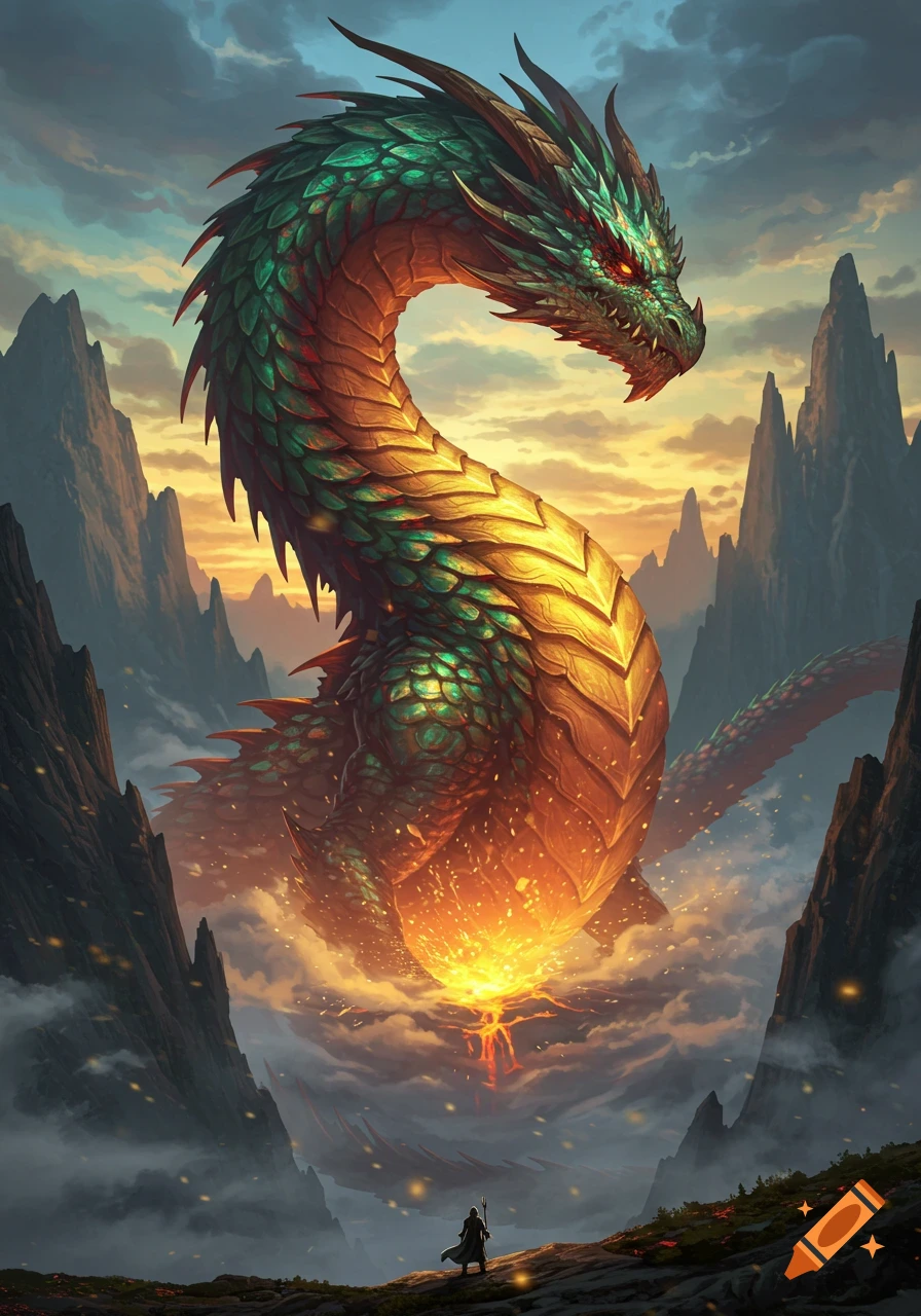 A colossal green and gold dragon hovers over a fiery lava pool in a rugged mountain landscape at sunset, as a small wizard looks up.