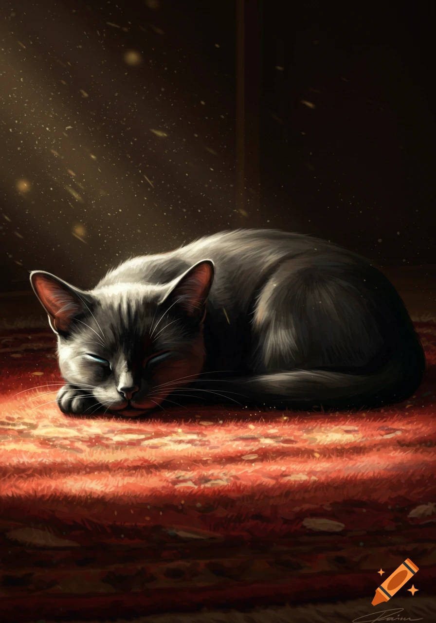 A dark gray cat with blue eyes lies sleeping on a red patterned rug, illuminated by golden light rays from above.