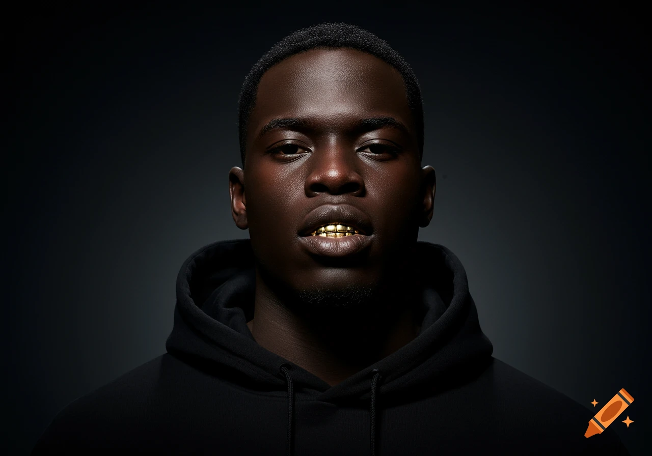 A close-up portrait of a man with dark skin, short hair, and a gold grill, wearing a black hoodie.