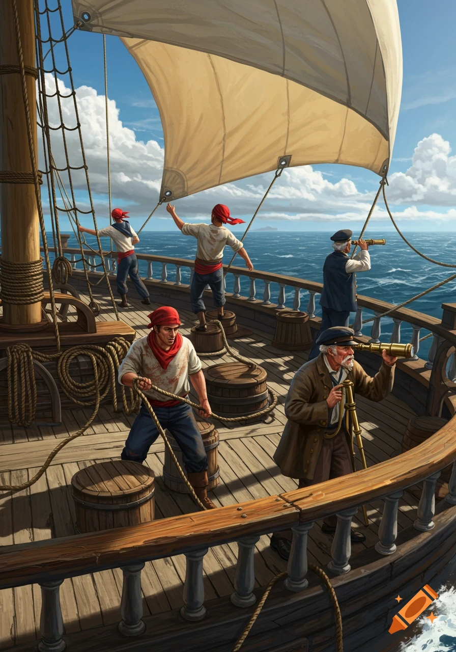 Sailors work on a large wooden sailing ship, some handling ropes and others scanning the horizon with telescopes.