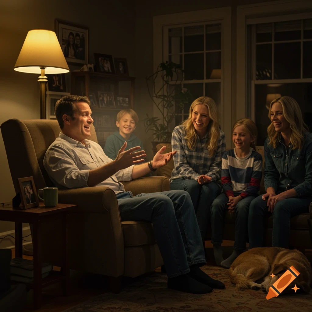 A family laughs in a dimly lit living room as a man tells a story, with a dog sleeping on the rug. Photorealistic.