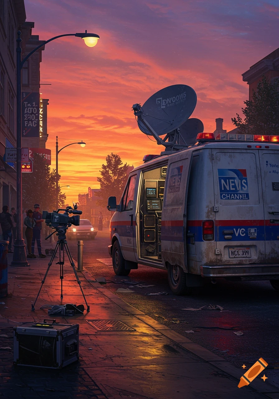 A news van with a satellite dish and a camera on a tripod set up on a city street at sunset, with a vibrant orange and red sky.