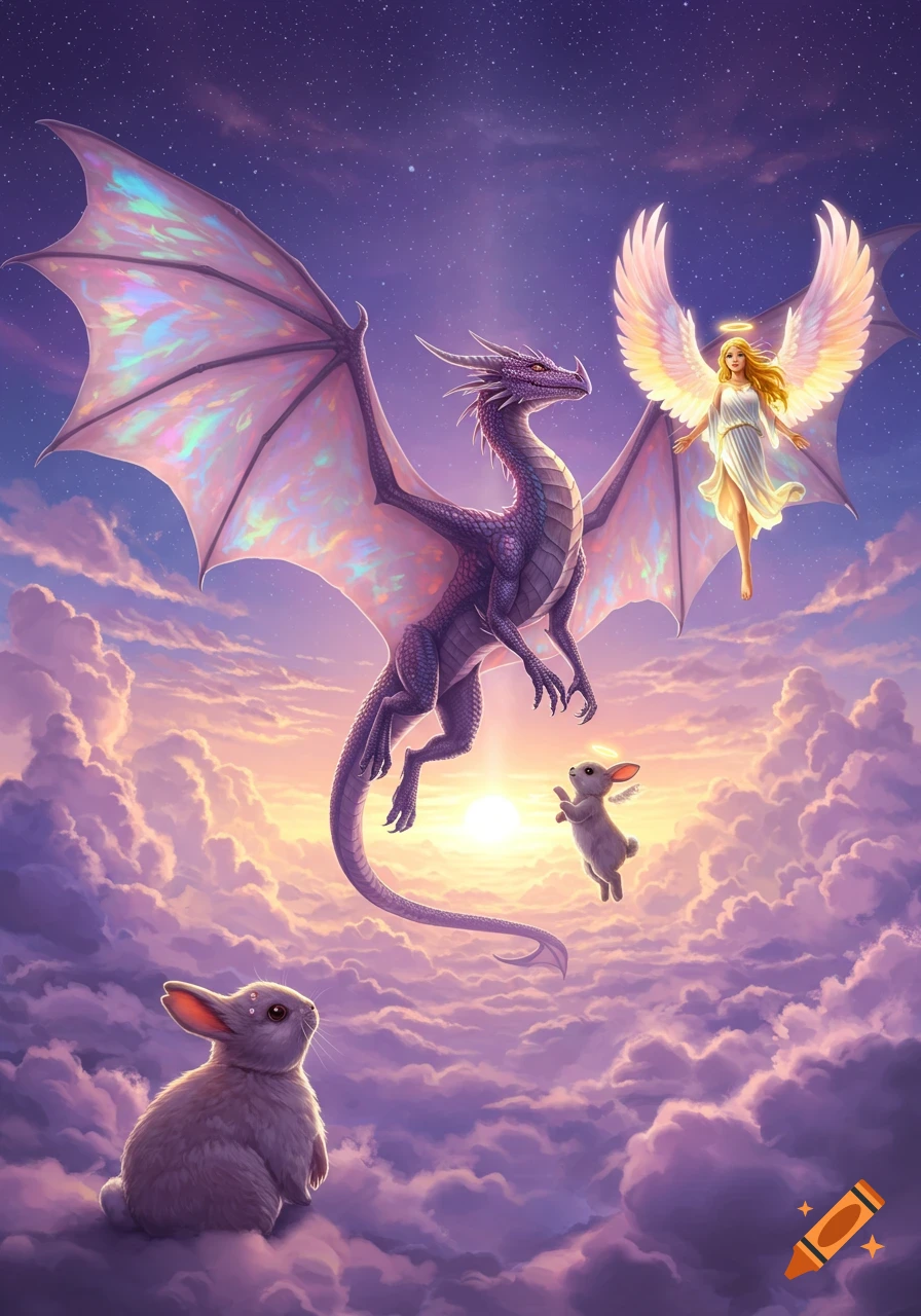 A magical illustration of a purple dragon, an angel, and two bunnies floating above clouds in a starry, sunset sky.