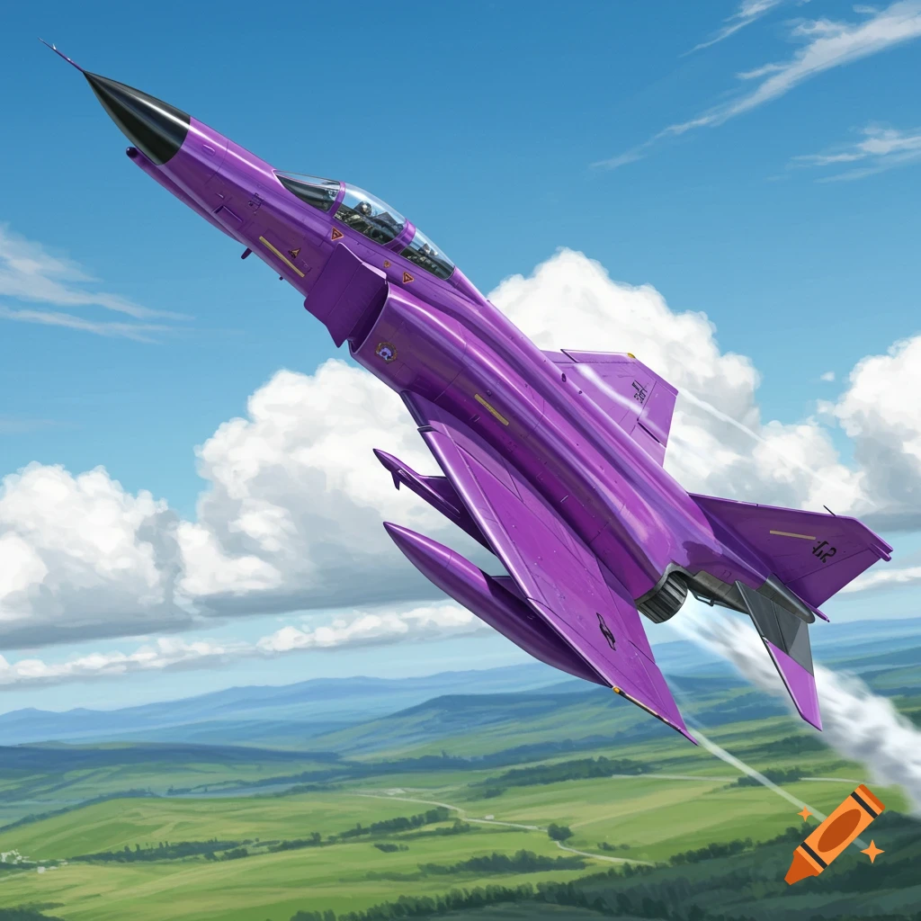 A vibrant purple F-4 Phantom jet flies upward through a blue sky with white clouds, over a green, mountainous landscape.
