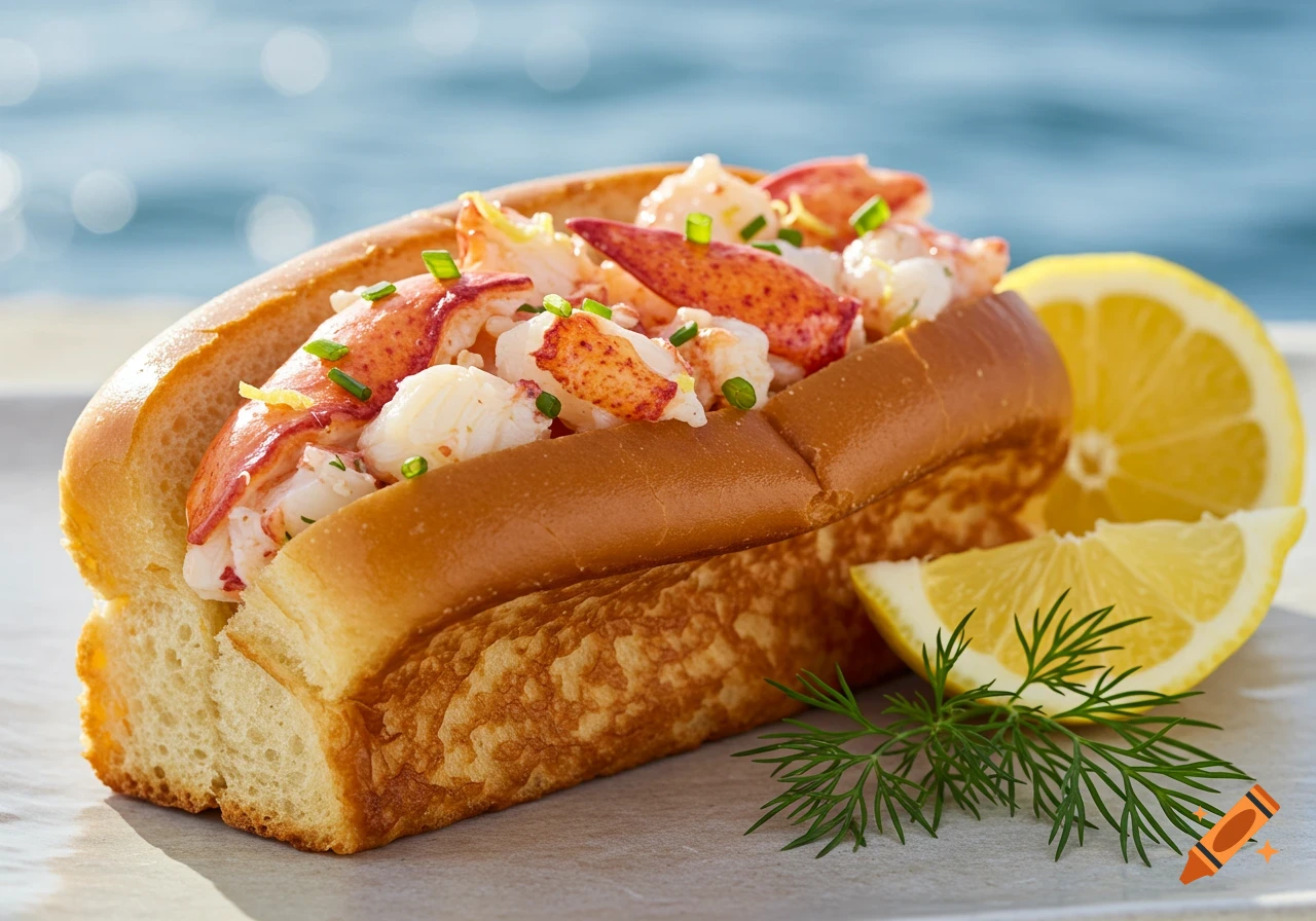 Photorealistic lobster roll with lemon and dill on a plate, with a blurred ocean background.