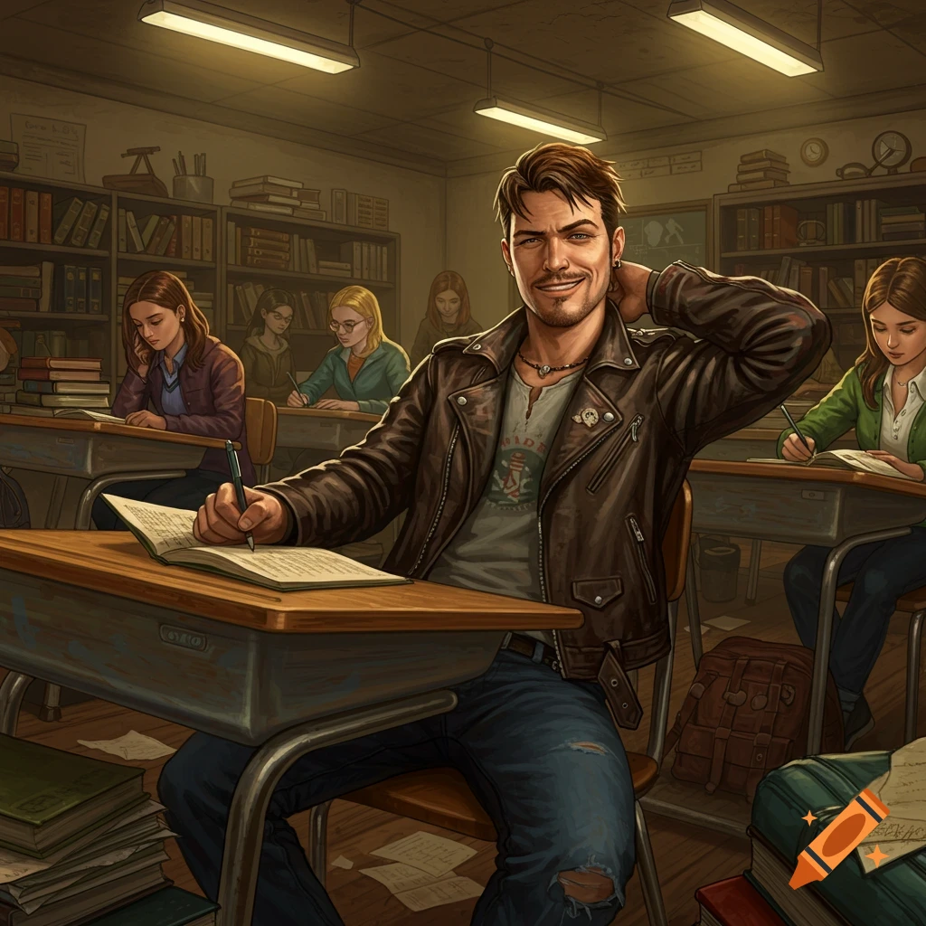 A handsome male student in a leather jacket sitting at a desk in a classroom, writing in a book, with other students in the background. Digital art style.