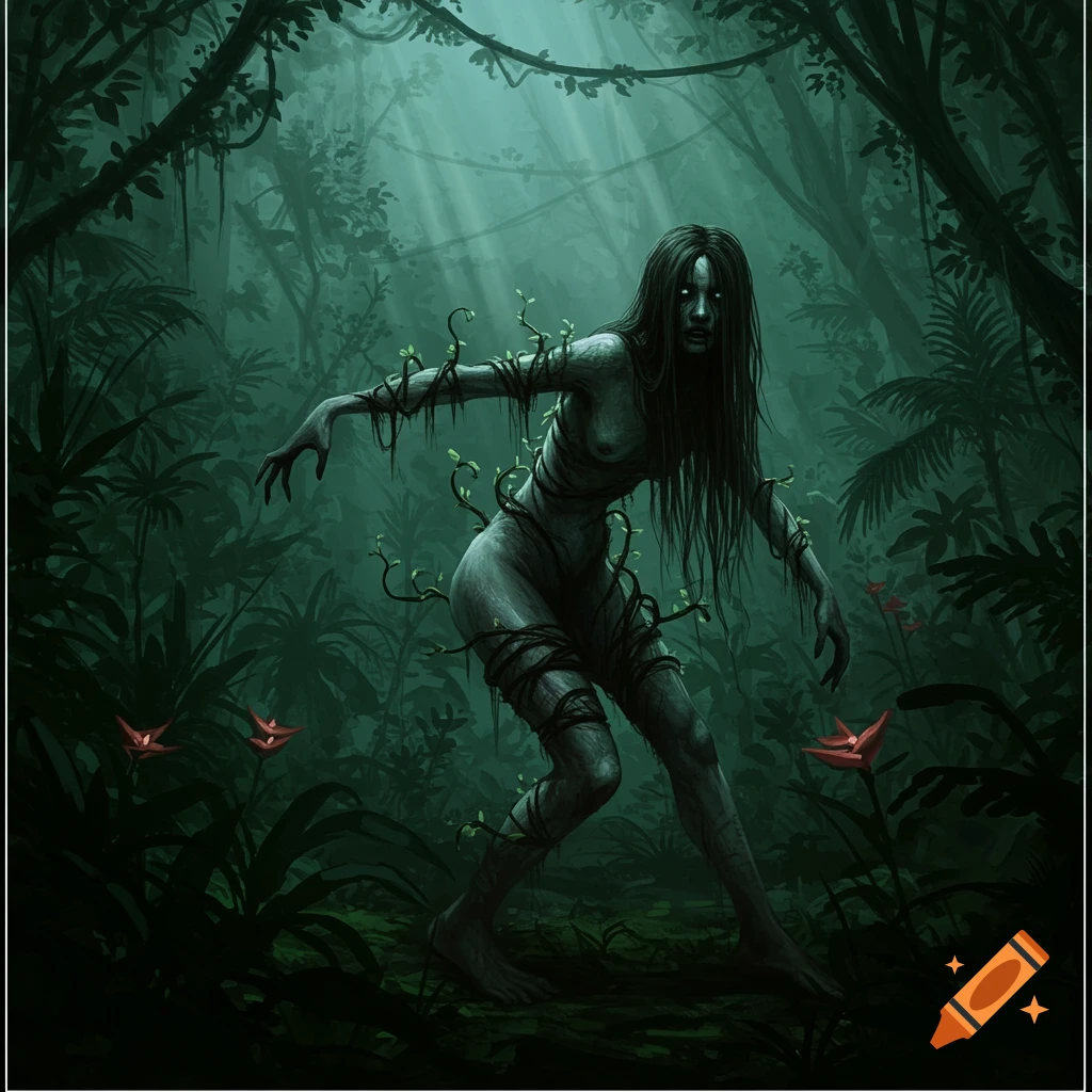 A creepy, gaunt woman with long black hair and glowing eyes, wrapped in vines, stands in a dark, misty jungle.
