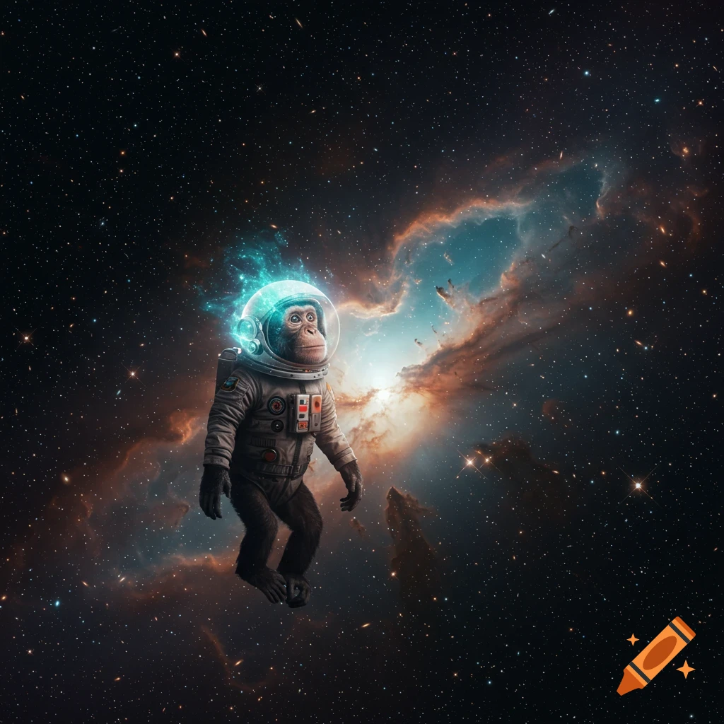 A chimpanzee in a spacesuit floats in outer space amidst colorful nebulae and stars.
