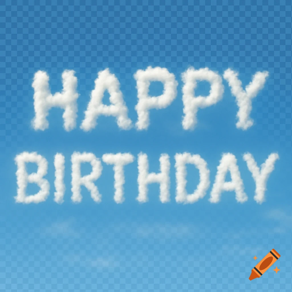 The words HAPPY BIRTHDAY formed by white fluffy clouds against a blue sky with a checkerboard pattern indicating transparency.