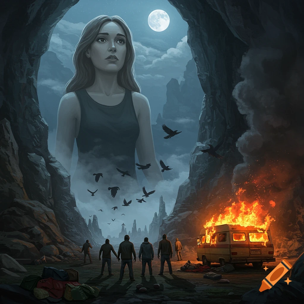 A giant woman emerges from mist within a cave entrance, looking up at a full moon. In the foreground, men stand before a burning camper van, with black birds flying around the scene.