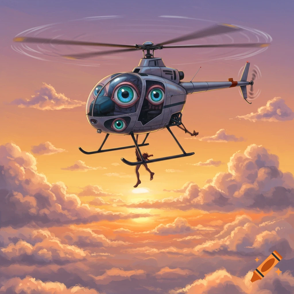 A surreal helicopter with large blue eyes flies through a vibrant sunset sky, with a person hanging from its skids.