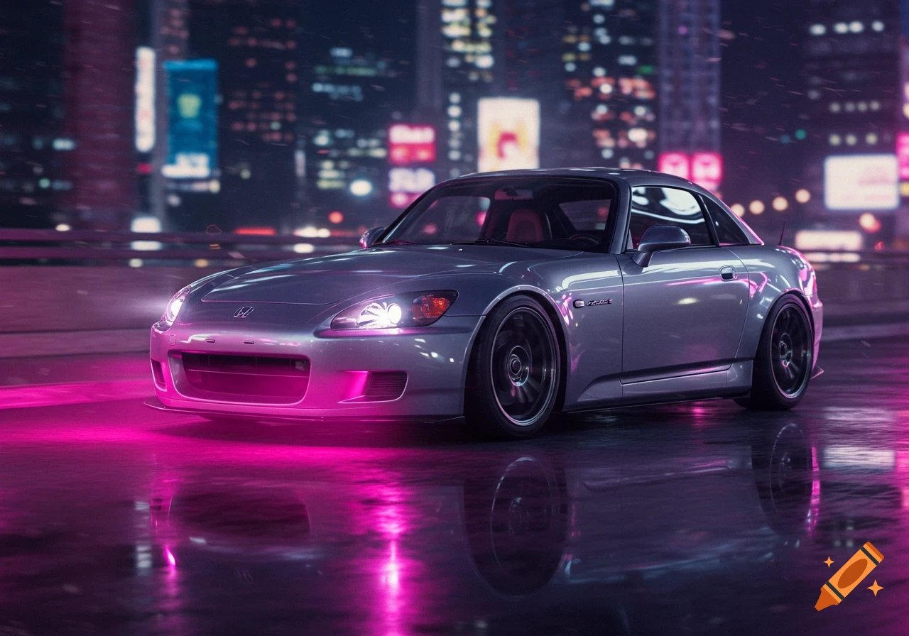 A silver 2001 Honda S2000 with pink underglow drives on a wet city street at night, reflecting neon lights from buildings.