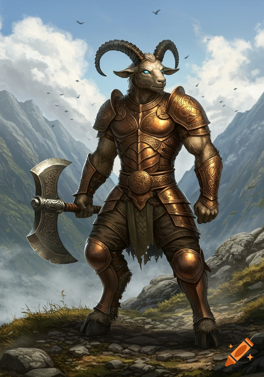 A humanoid goat warrior in ornate bronze armor stands holding a large axe in a mountain landscape, digital painting.